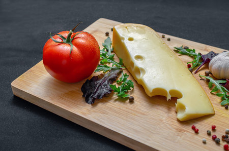 Cheese on wooden board. Set or assortment of cheese and vegetables for healthy eating. Cheese with...