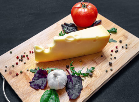 Piece of cheese on wooden board. Set or assortment of cheese and vegetables for healthy eating. Cheese with mixed salad, tomato, garlic and pepper. Black background.の写真素材