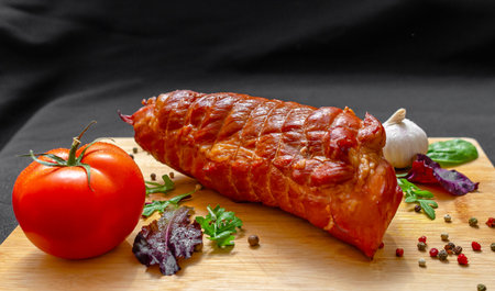 Whole piece of shiny baked pork with salad mix, seasonings and garlic on wooden board, on black....