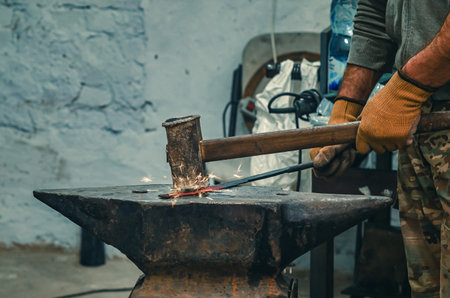 Hands of craftsman in gloves with iron hammer align iron part on stone. Vintage construction tool. Preparation for welding work.の写真素材