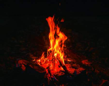 Bright tongues of burning bonfire on dark night. Bonfire burns in the dark. Sparks and flames. Bonfire in fall during hike.の写真素材