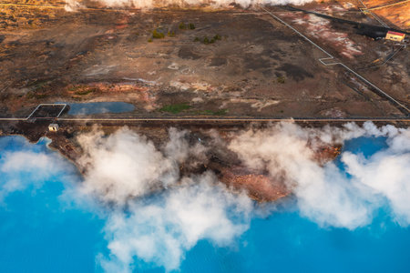 Aerial drone view of Lake Myvatn, Iceland. Northeast Iceland. Mud pots boiling, colorful and cracked ground. Geothermal area. Tourism.の写真素材
