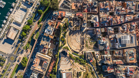 Roman Theater of Cartagena, Spain. Aerial view of port city of Cartagena in Spain, surrounded by bastions and fortifications, medieval castle hill, Roman amphitheater. Tourist attractions concept.の写真素材