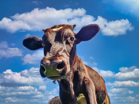 Brown clean well-kept cow standing on sunny day under bright blue sky with soft clouds, symbolizing proper livestock care and healthy rural farming environment.の写真素材