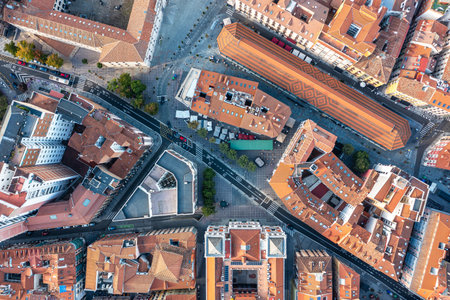 Aerial view of Valladolid, Spain, showing its historic city center with red tiled roofs, traditional Spanish architecture, and picturesque urban planning.の写真素材