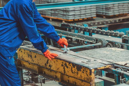 Female worker performing precise adjustments on industrial machinery. Concept of professionalism,...