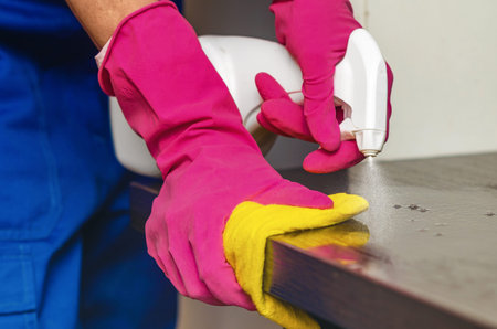 Cleaning office surfaces. Ordering commercial cleaning services and modern concept of premises care....