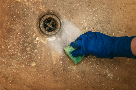 Close-up of hand in a protective glove cleaning very dirty surface of sink or bathtub with sponge...