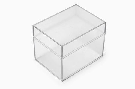 Empty container isolated on white background. Transparent plastic box for storing items or small...