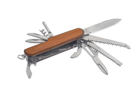 Multi tool pocket knife with wooden handle and various tools opened, isolated on white background....