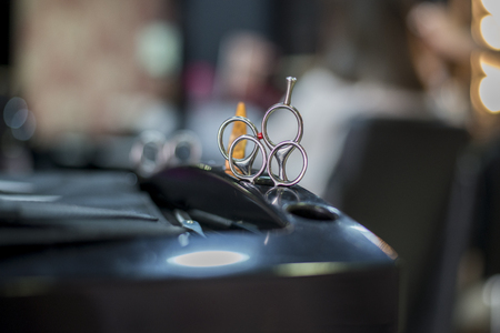 Closeup of scissors and combs in a salon holster pouch.の写真素材