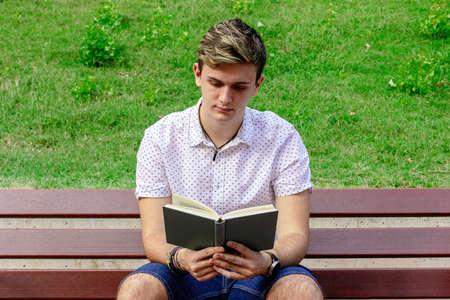 Young male reading a book while sitting on a bench in a parkの写真素材