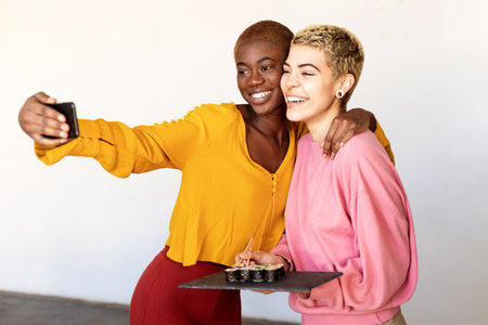 Beautiful lesbian couple is doing selfie using a smart phone and smiling while holding a sushi plate