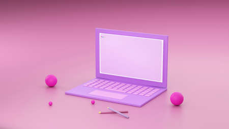 Minimal concept, Laptop on table Work desk pink and violet color and mock-up for your text with notebook and cup. 3d render. Illustrationの写真素材