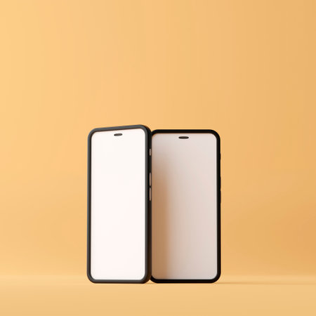 Two smart phone with blank screen on brown background. 3d renderの写真素材