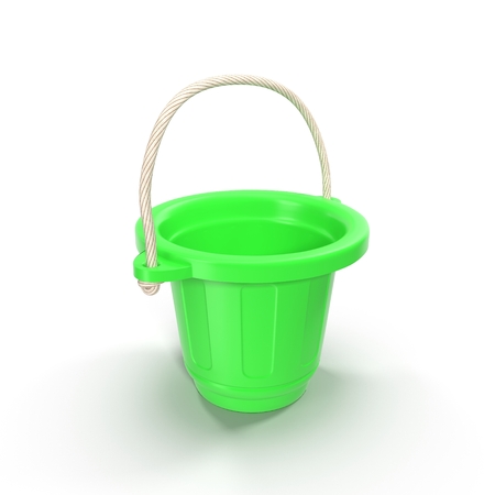Green plastic bucket with handle up, isolated on white background.の写真素材