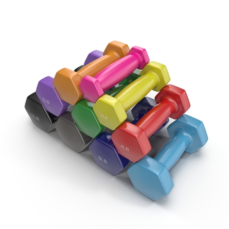 Different colored dumbbells on a white backgroundの写真素材