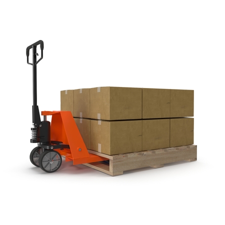 Pallet jack with boxes on pallets over white background 3D illustration.の写真素材