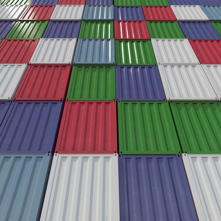 Stacked color cargo containers over white background 3D Illustration