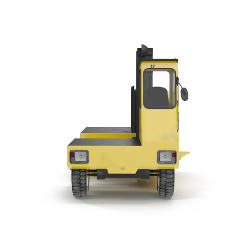 Side Loading Yellow Forklift Truck isolated on white background 3D Illustrationの写真素材