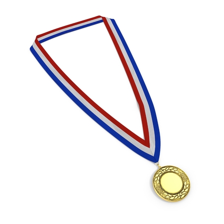 Golden medal with tricolor ribbon on white background. 3D illustrationの写真素材