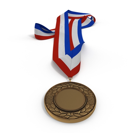 Bronze medal with tricolor ribbon on white background. 3D illustrationの写真素材