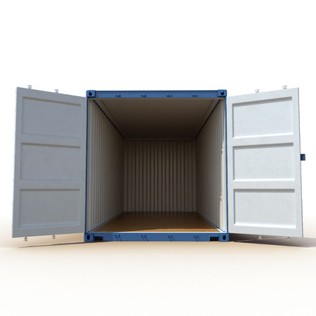 Opened empty blue freight shipping container isolated on white background. 3D illustration