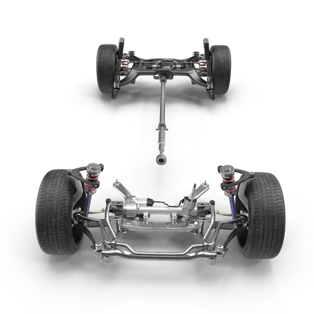 Car chassis without engine on white background. Front view. 3D illustrationの写真素材