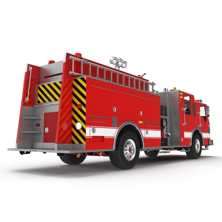 Fire truck or engine Isolated on White background. Rear view. 3D illustration