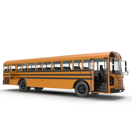 yellow school bus on white background. Door opened. 3D illustration