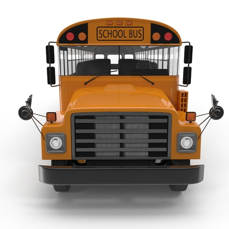 Front view Traditional yellow schoolbus isolated on white background. 3D illustration