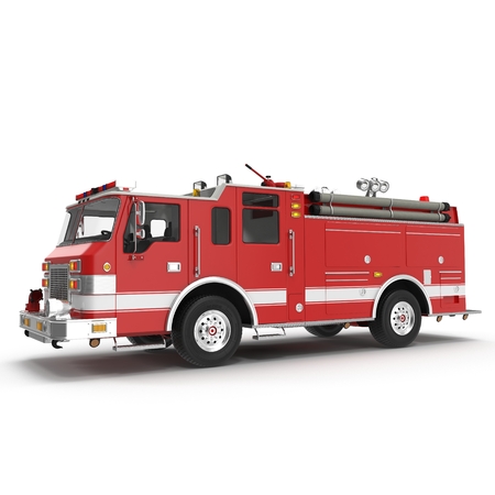 Big Red Fire Truck Isolated on White background. 3D illustrationの写真素材