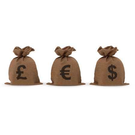 Sacks with money different currencies on white background. Dollar, Euro, Pound. 3D illustrationの写真素材