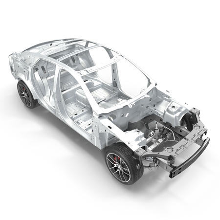 Angle from up Car Frame with Chassis on white. 3D illustrationの写真素材