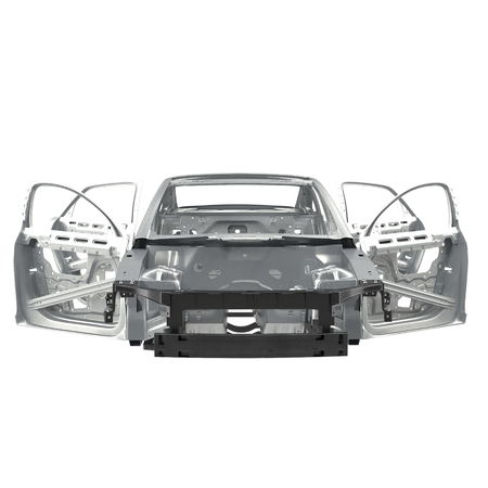 Front view Carcass af a sedan car on white. 3D illustrationの写真素材