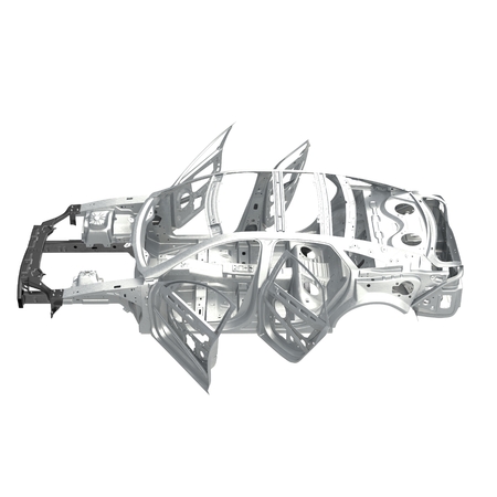 Side view Carcass af a sedan car on white. 3D illustrationの写真素材