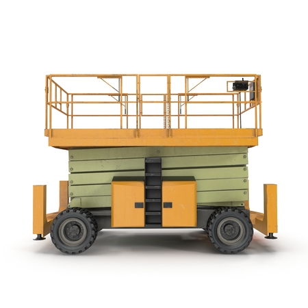 Mobile aerial work platform - Yellow scissor hydraulic self propelled lift on a white. Side view. 3D illustrationの写真素材
