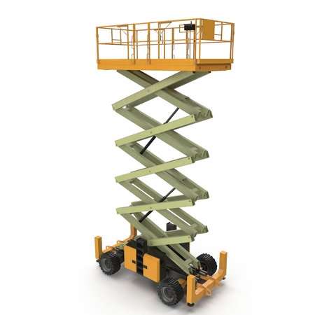 large yellow extended scissor lift platform on white. 3D illustrationの写真素材