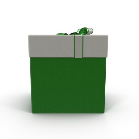 Green gift box with silver ribbon on white. 3D illustrationの写真素材