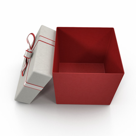 Red gift-box with ribbon bow on white. 3D illustrationの写真素材