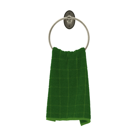Green hand towel on round metallic hanger 3D illustrationの写真素材