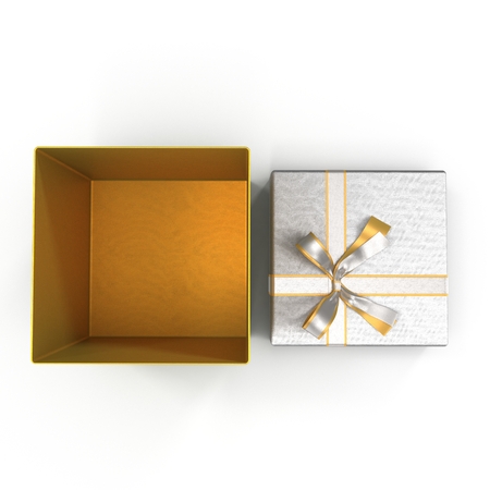 Empty present box with silver overwhelming bow isolated on white background. Top view. 3D illustrationの写真素材