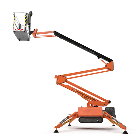 Mobile aerial work platform - Orange scissor hydraulic self propelled lift on a white background. Side view. 3D illustrationの写真素材