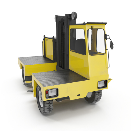Side Loading Yellow Forklift Truck isolated on white background 3D Illustrationの写真素材