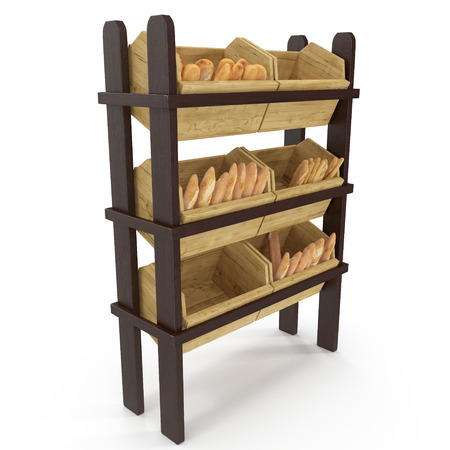 Wooden Bakery Display Shelves on white background. 3D illustration, clipping pathの写真素材