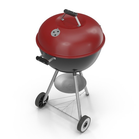 Kettle barbecue grill with red cover isolated on white. 3D Illustration, clipping pathの写真素材