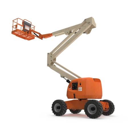 Engine Powered Scissor Lift on white. 3D illustrationの写真素材
