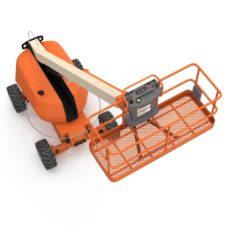 Orange self propelled articulated wheeled lift with telescoping boom and basket on white. 3D...