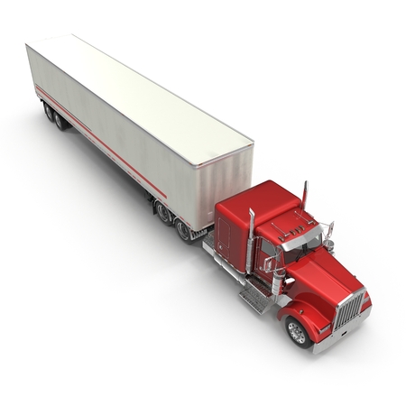 Red truck with a trailer on white 3D Illustrationの写真素材