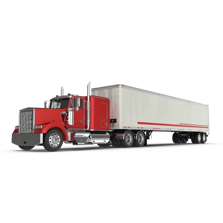 Red truck with a trailer on white 3D Illustrationの写真素材